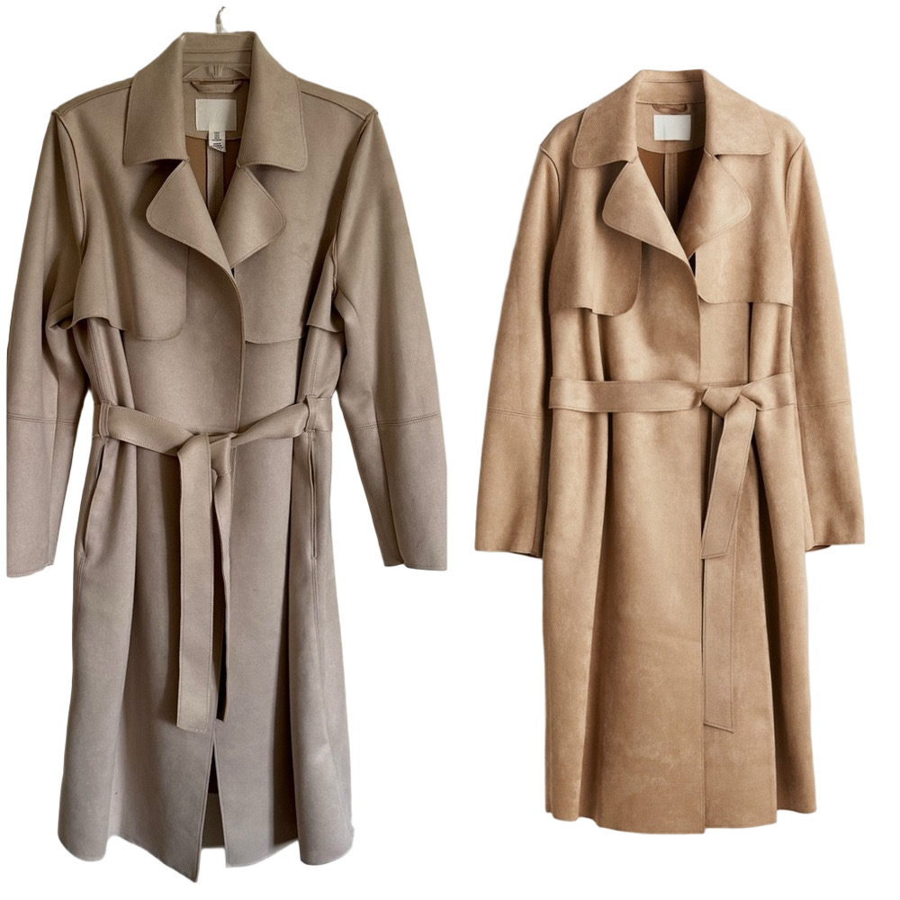 H&M Classic Tan Faux Suede Trench Coat Tie Waist Women's Size Medium - Picture 2 of 10